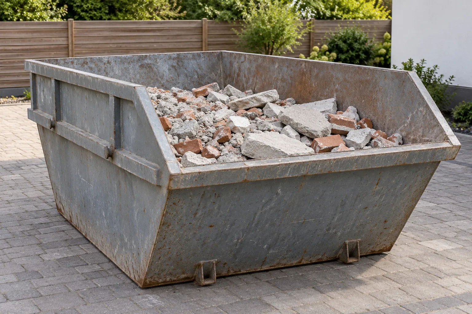 Container mit einer übersichtlichen Menge getrennt gesammelter Ziegel- und Betonstücke.